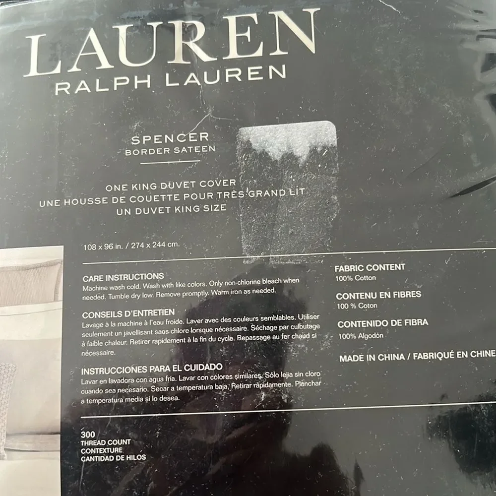 Lauren Ralph Lauren Spencer Sateen Border White Sage King Duvet Cover, NWT